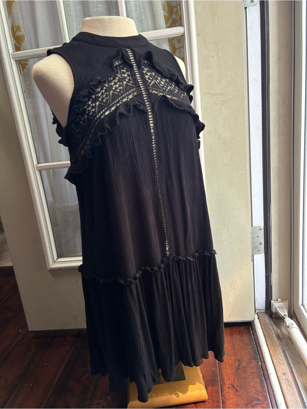 American Eagle Outfitters Black Sleeveless Ruffle Lace Yoke Mini Dress